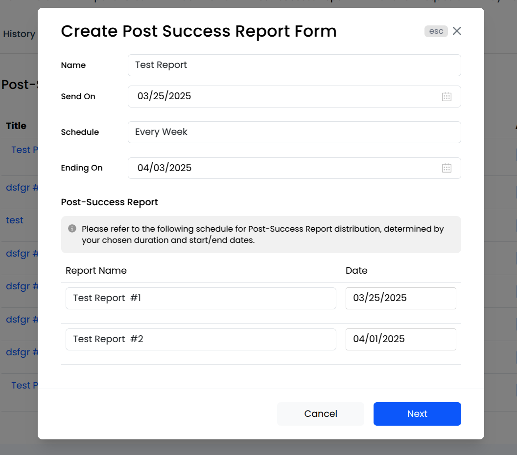 Post-Success Report Timeline