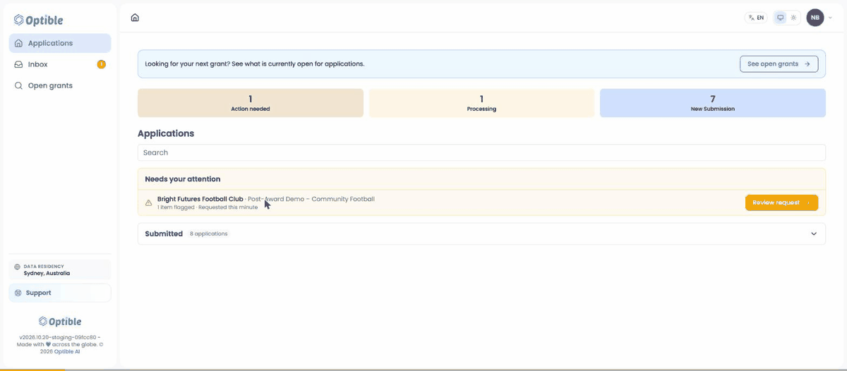 The grantee's portal showing the correction request and the reviewer's note