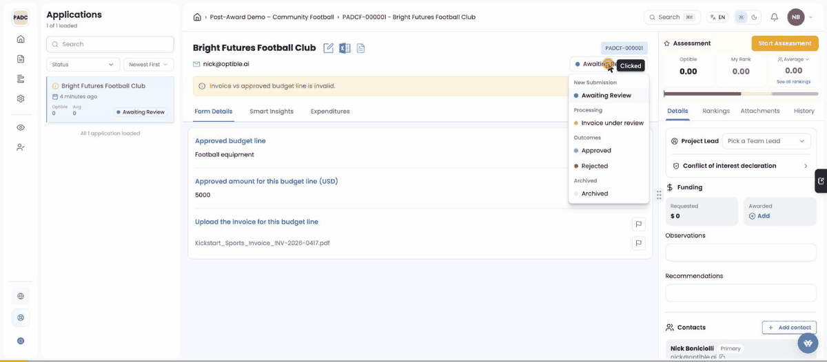  Moving the invoice to Invoice under review and filling in the review form