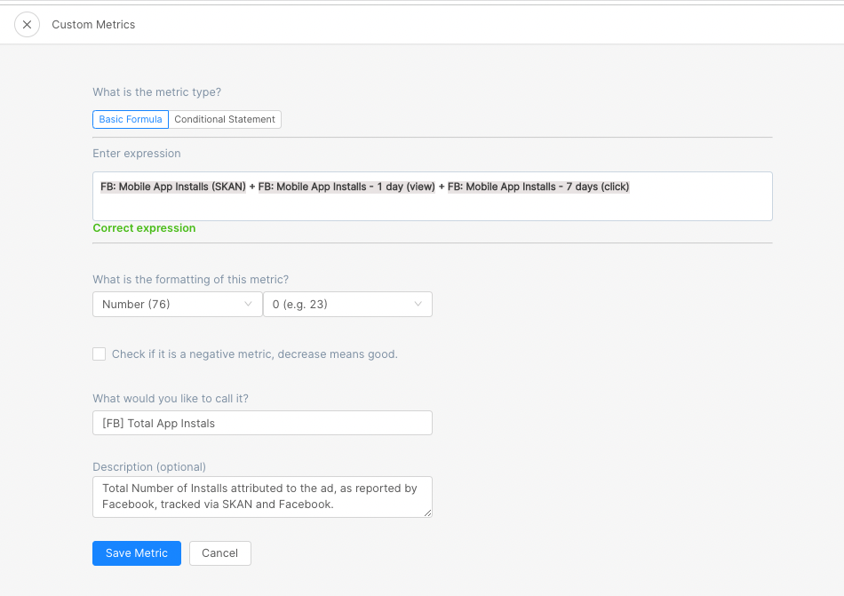 Example of a custom metric combining different app install metrics reported by Facebook