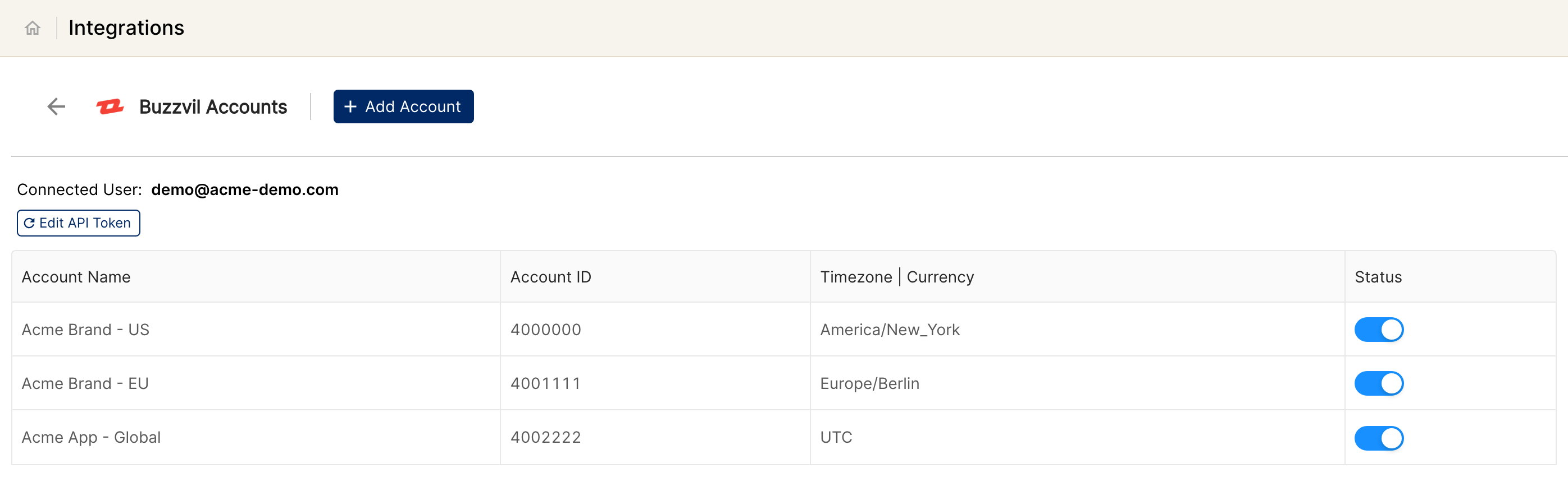 Buzzvil Accounts page in Clarisights with the Add Account button