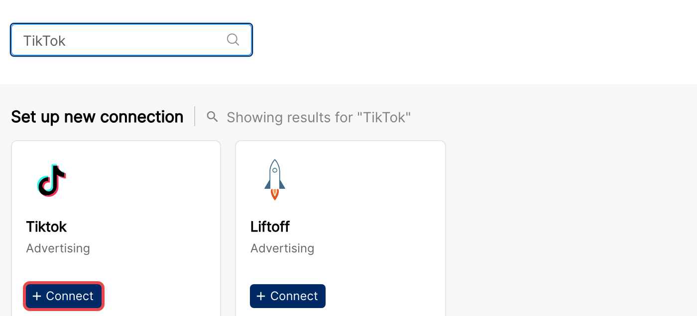 Integrations page search results with the TikTok Connect button highlighted