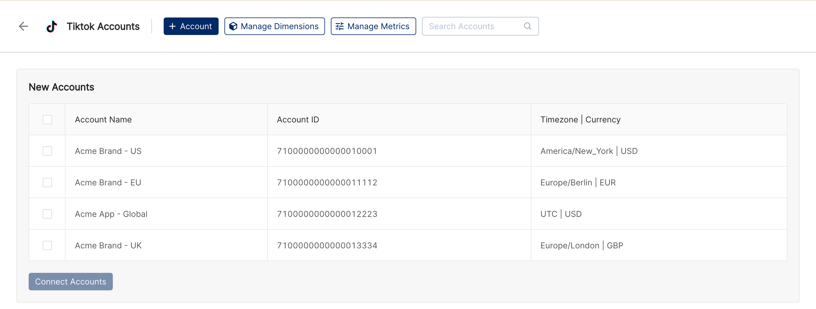 TikTok account selection screen listing new advertiser accounts with a Connect Accounts button