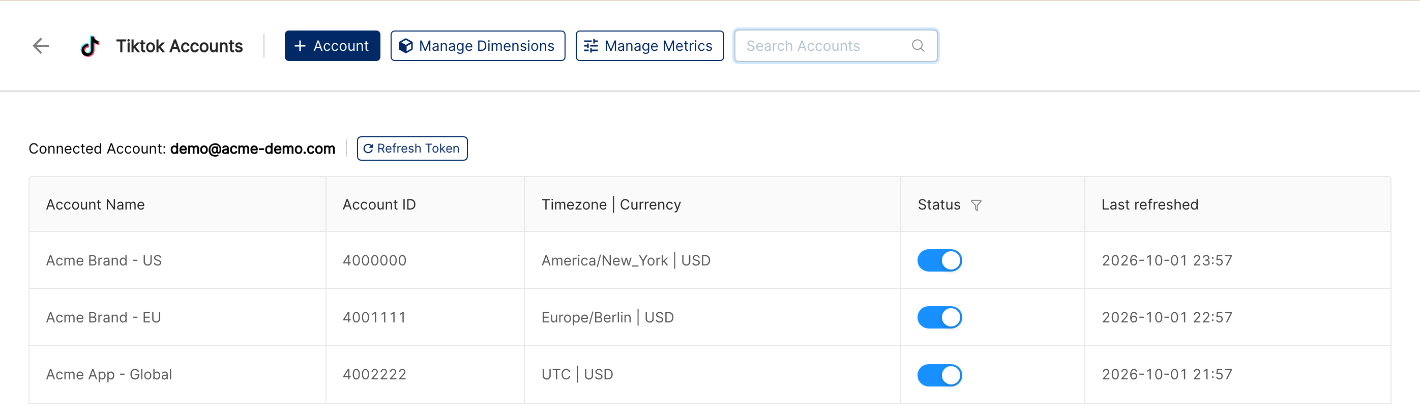 TikTok Accounts page showing connected demo ad accounts with status toggles and Refresh Token