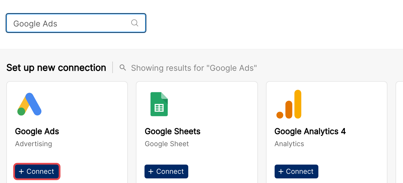 Integrations page search results with the Google Ads Connect button highlighted