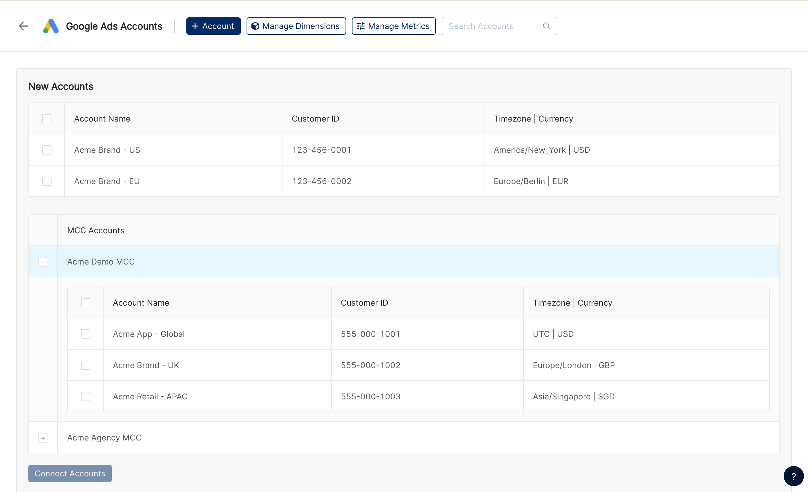 Google Ads account selection with the New Accounts list and an expanded MCC Accounts list