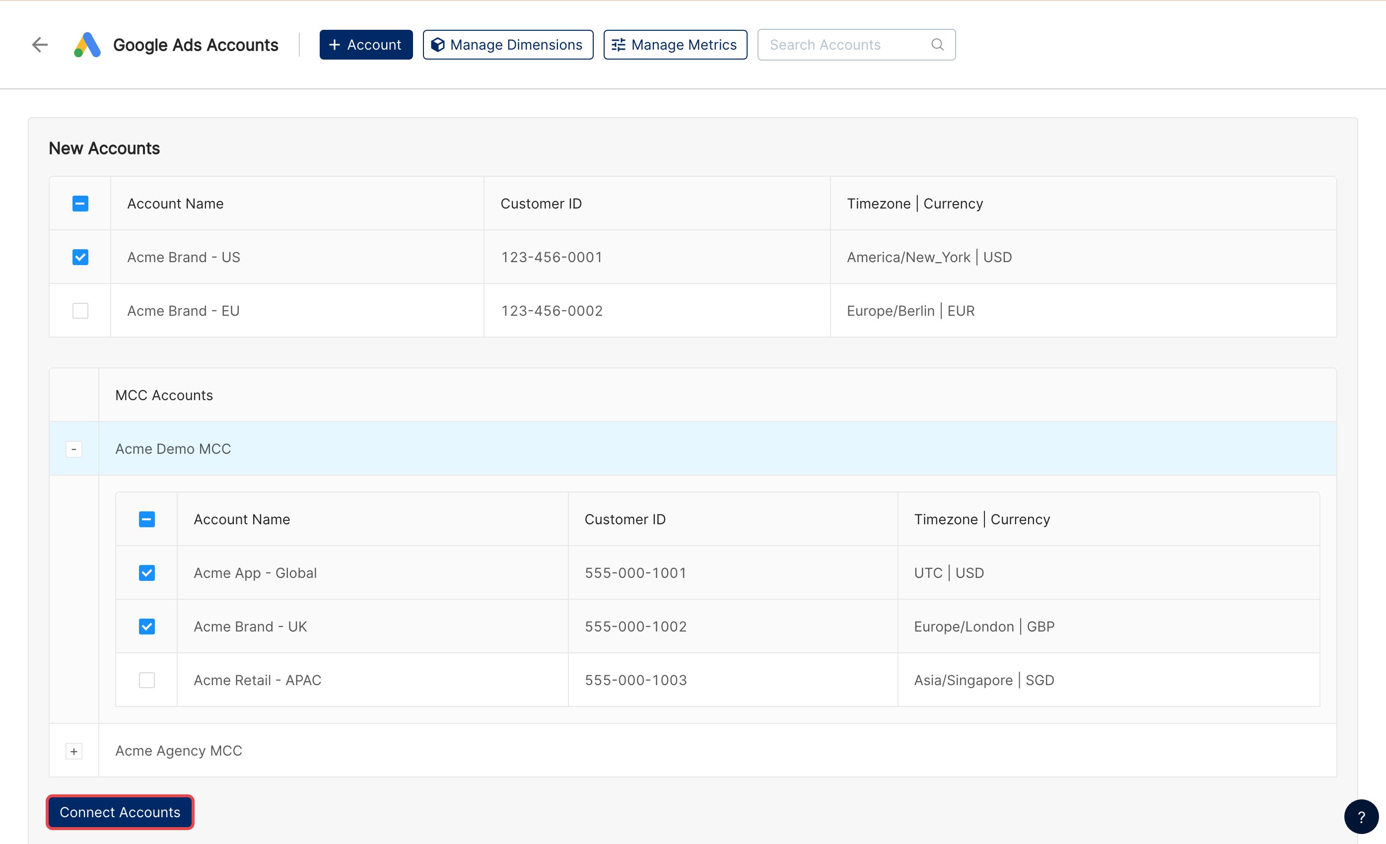 Google Ads account selection with accounts ticked and the Connect Accounts button highlighted