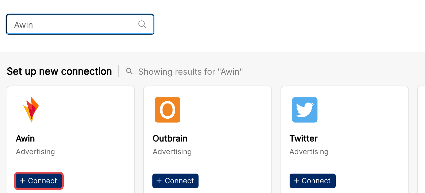 Integrations page search results with the Awin Connect button highlighted