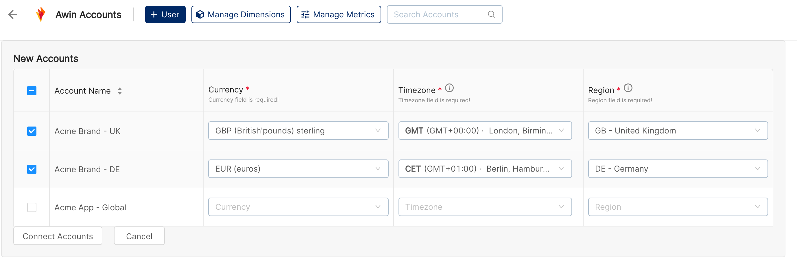 Awin new accounts table with currency, timezone and region selectors for each advertiser