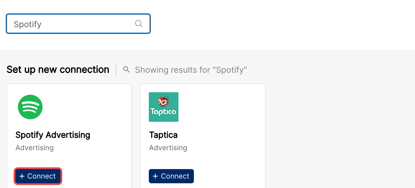Integrations page search results with the Spotify Advertising Connect button highlighted