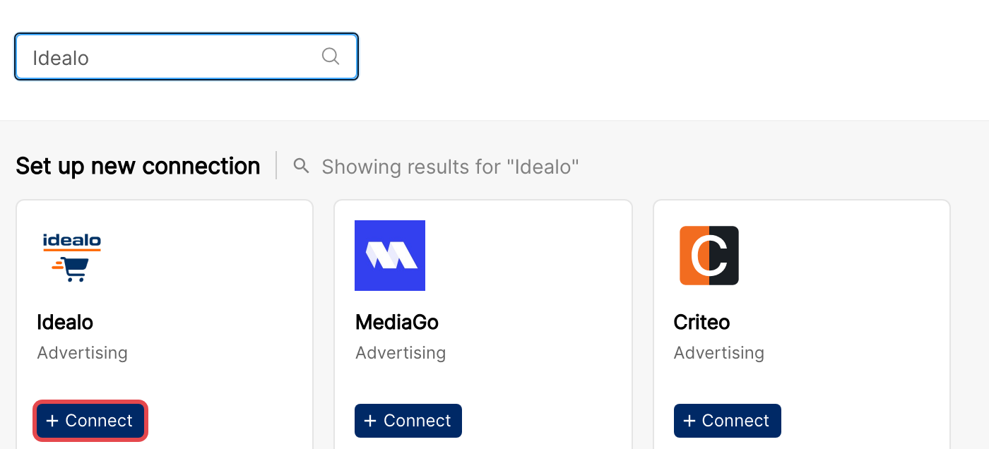 Integrations page search results with the Idealo Connect button highlighted