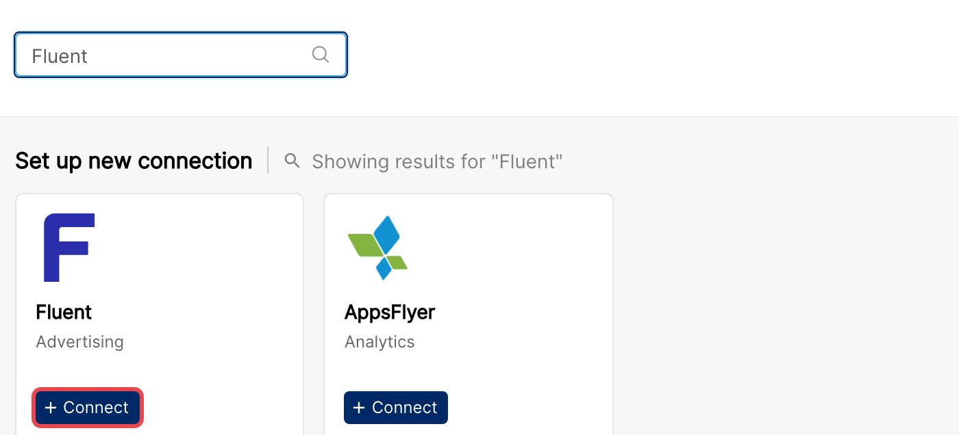 Integrations page search results with the Fluent Connect button highlighted