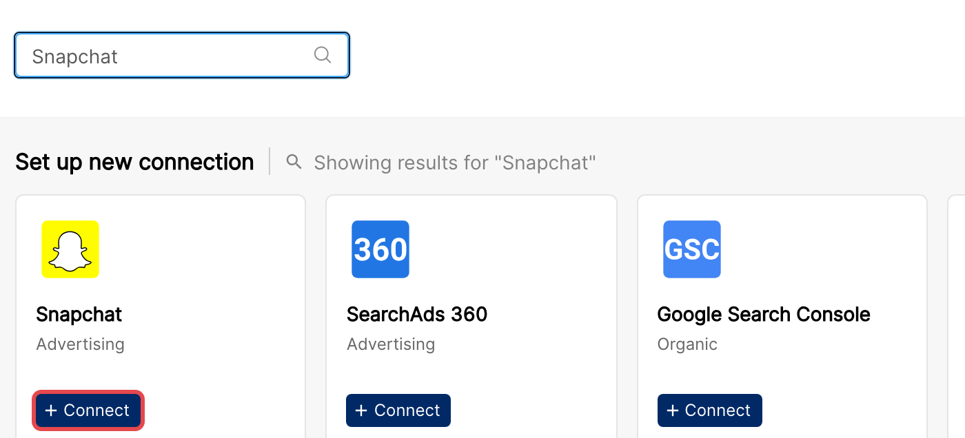 Integrations page search results with the Snapchat Connect button highlighted