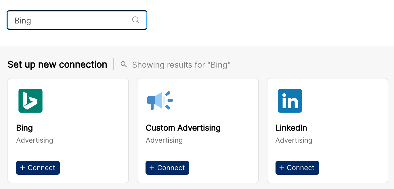 Clarisights Integrations page filtered by Bing, showing the Bing tile with the Connect button