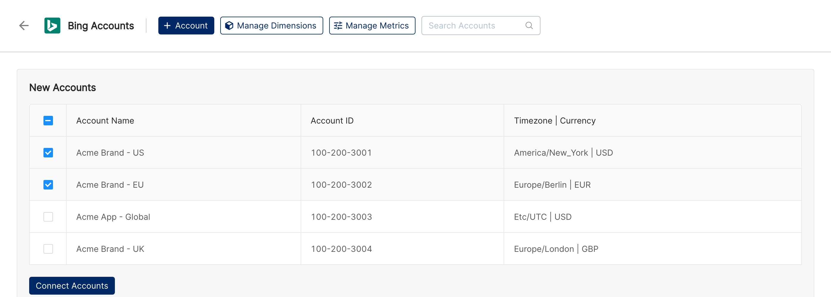 Bing Accounts page listing the discovered Microsoft Advertising accounts with checkboxes and the Connect Accounts button
