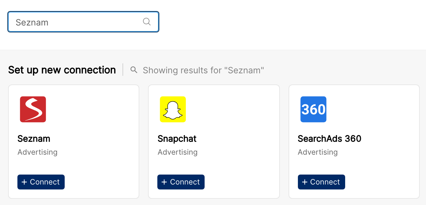 Clarisights Integrations page filtered by Seznam, showing the Seznam tile