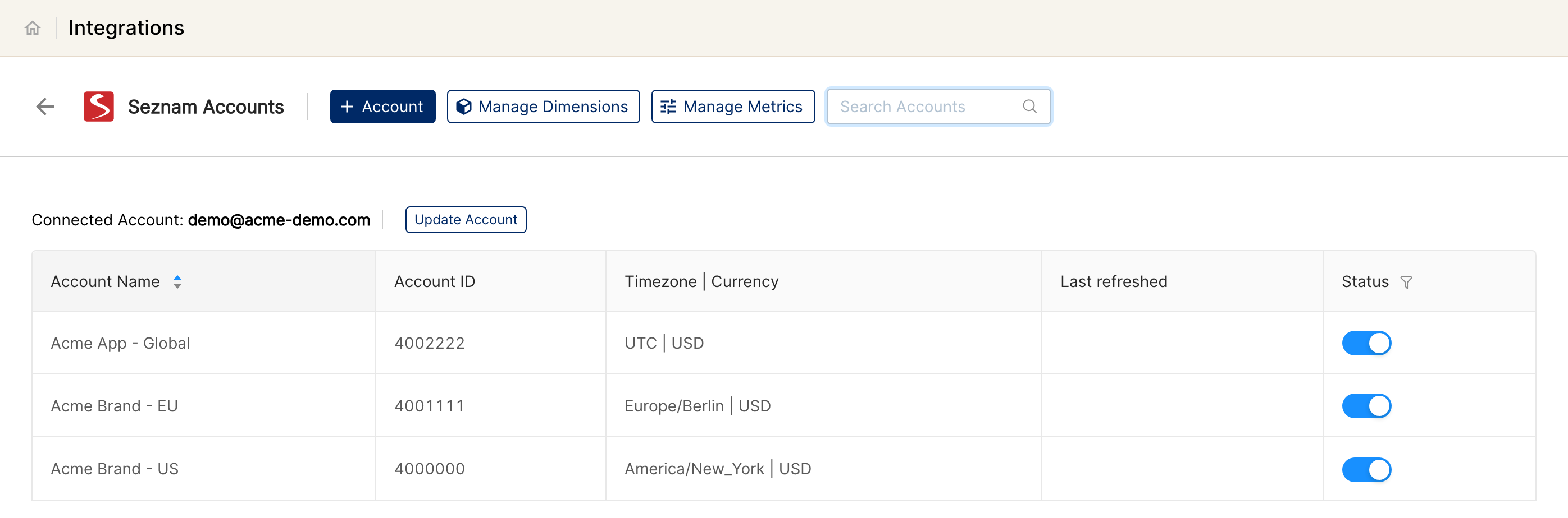 Seznam Accounts page listing connected accounts, with the + Account button at the top