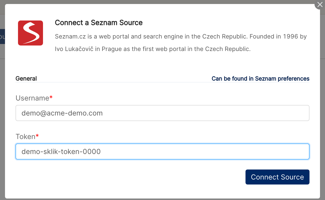 Connect a Seznam Source dialog with the Username and Token fields filled in