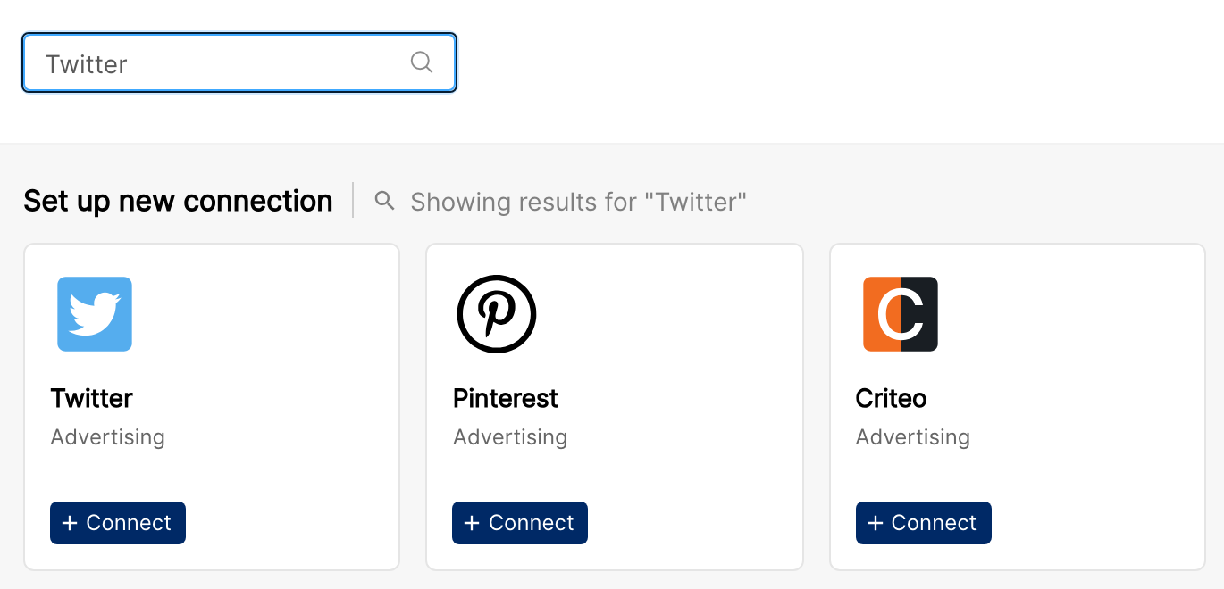 Clarisights Integrations page filtered by Twitter, showing the Twitter tile with the Connect button