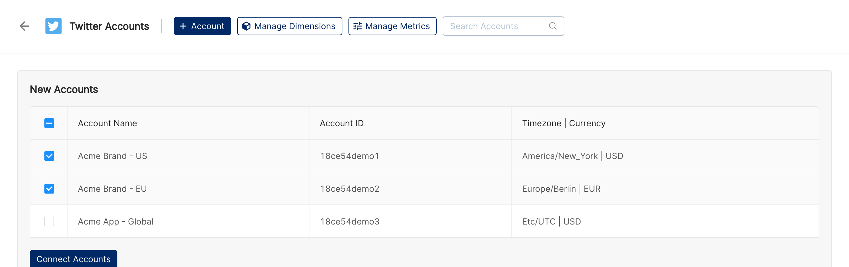Twitter Accounts page listing the discovered X Ads accounts with checkboxes and the Connect Accounts button