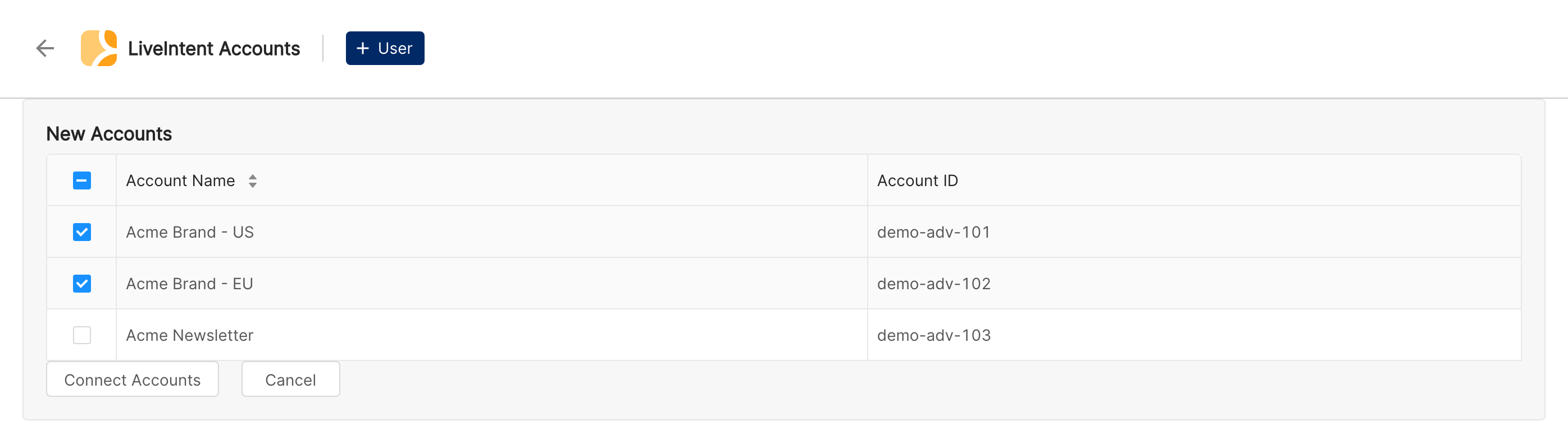 LiveIntent advertiser selection list with checkboxes and the Connect Accounts button