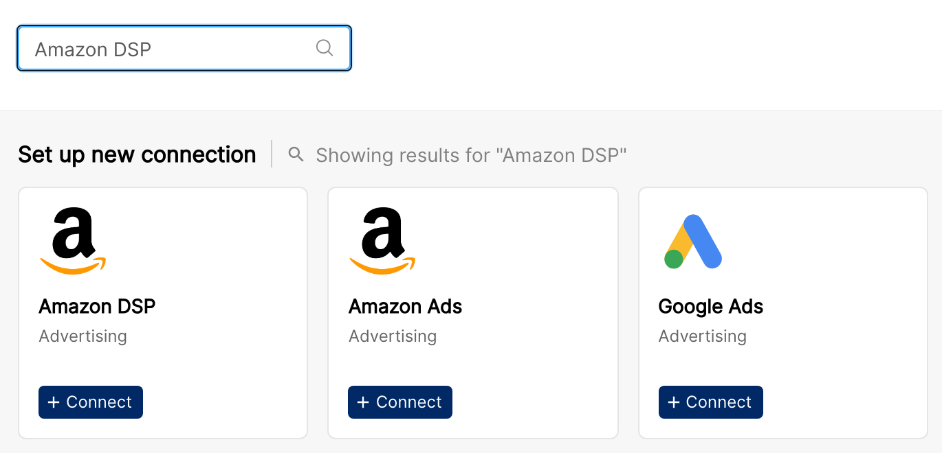 Clarisights Integrations page filtered by Amazon DSP, showing the Amazon DSP tile with the Connect button