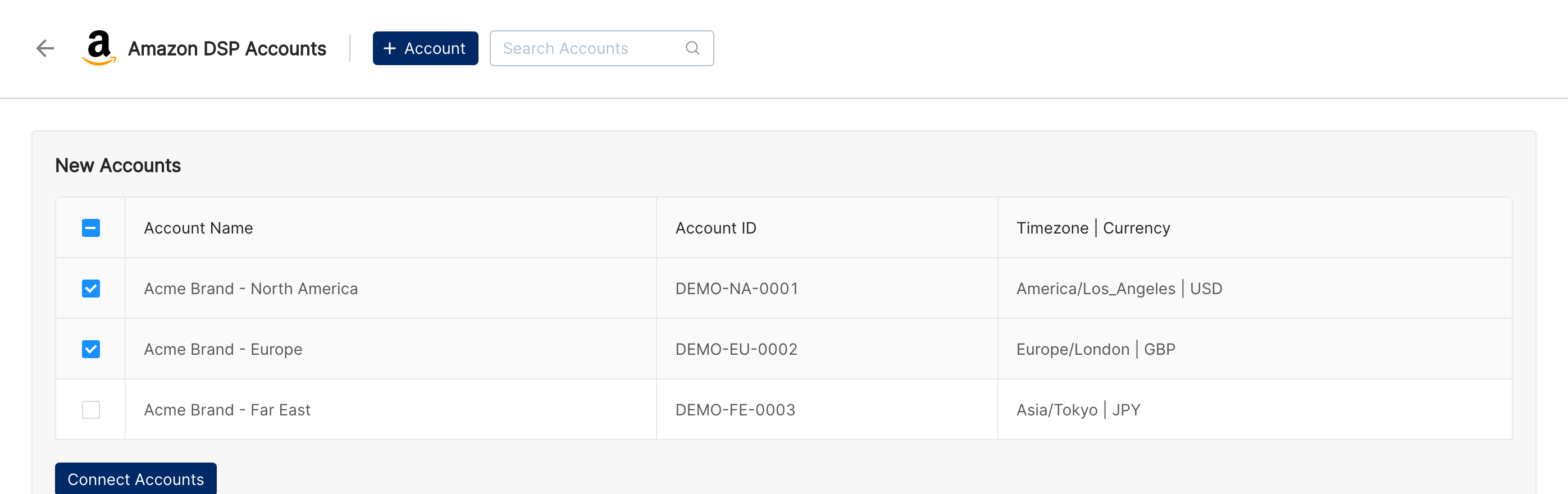 Amazon DSP Accounts page listing discovered DSP advertisers from North America, Europe and Far East with checkboxes