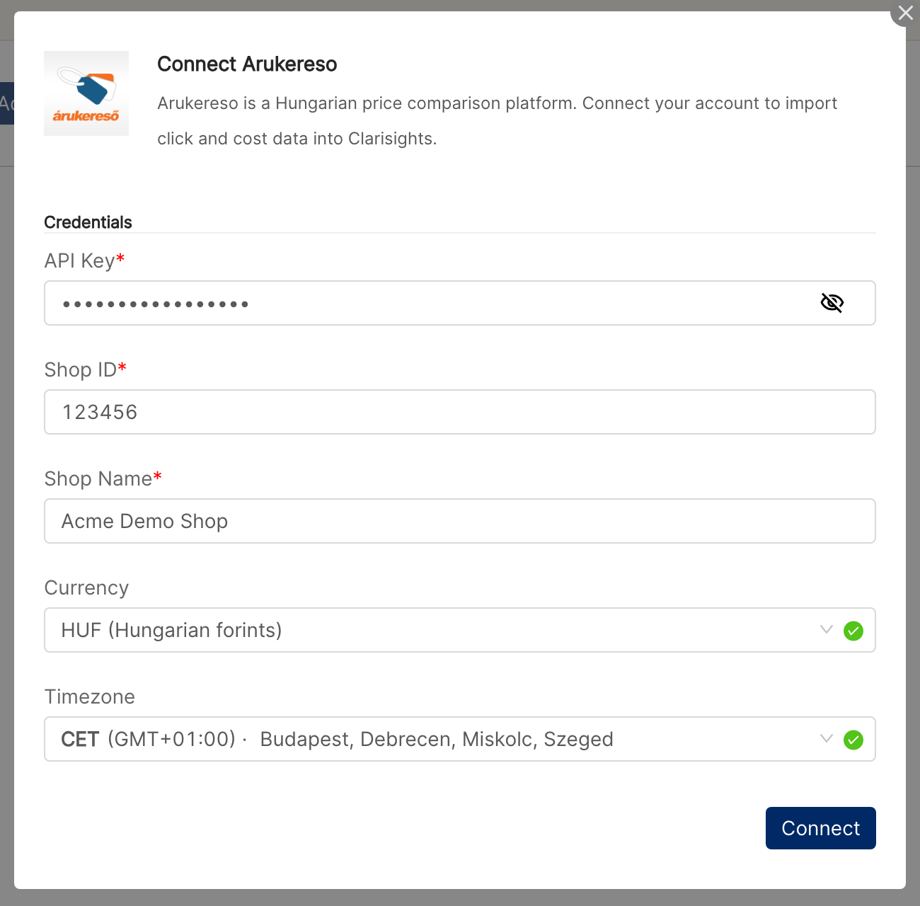 Connect Arukereso dialog with API Key, Shop ID, Shop Name, Currency and Timezone filled in