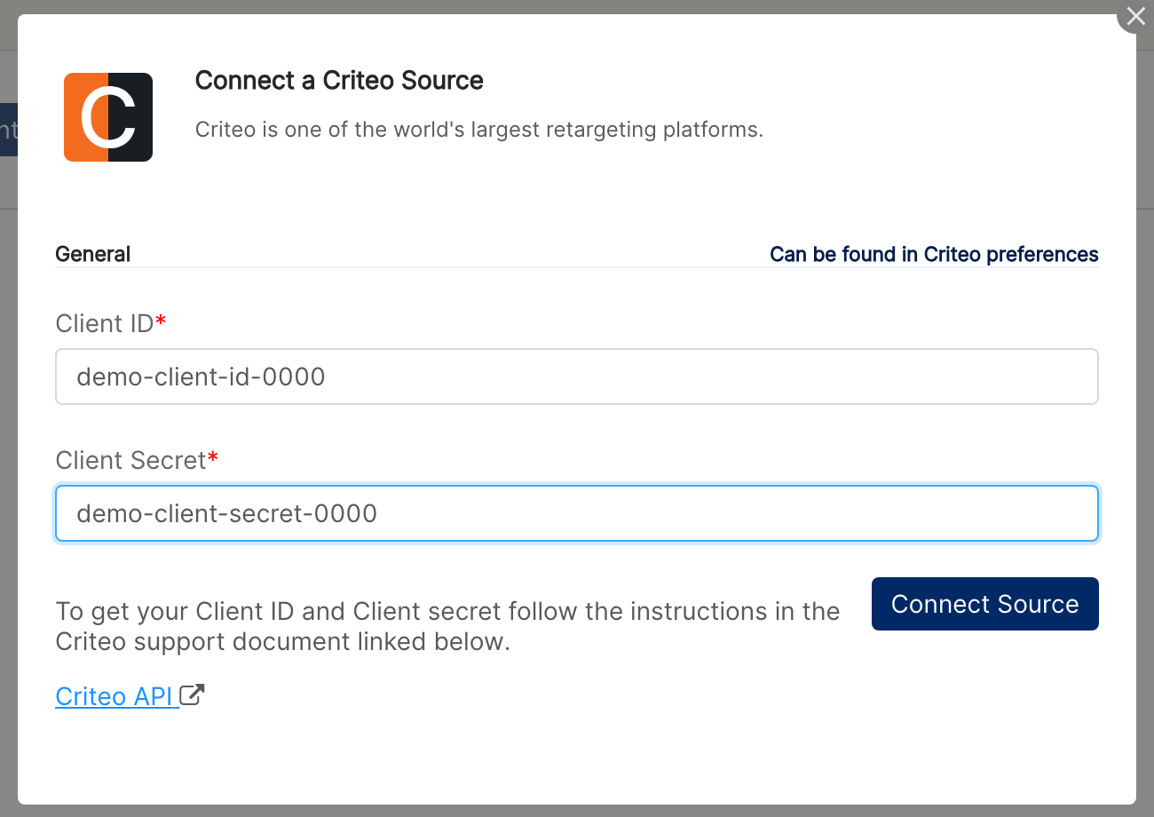 Connect a Criteo Source dialog with the Client ID and Client Secret fields filled in