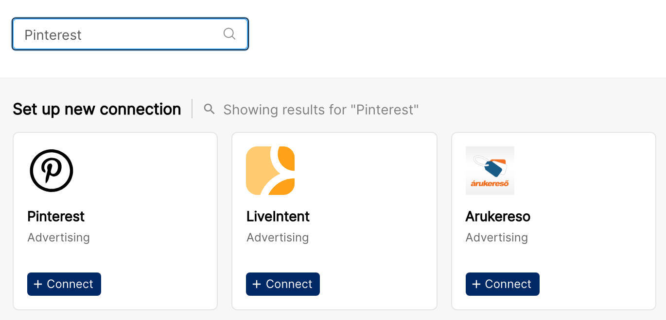Clarisights Integrations page filtered by Pinterest, showing the Pinterest tile with the Connect button