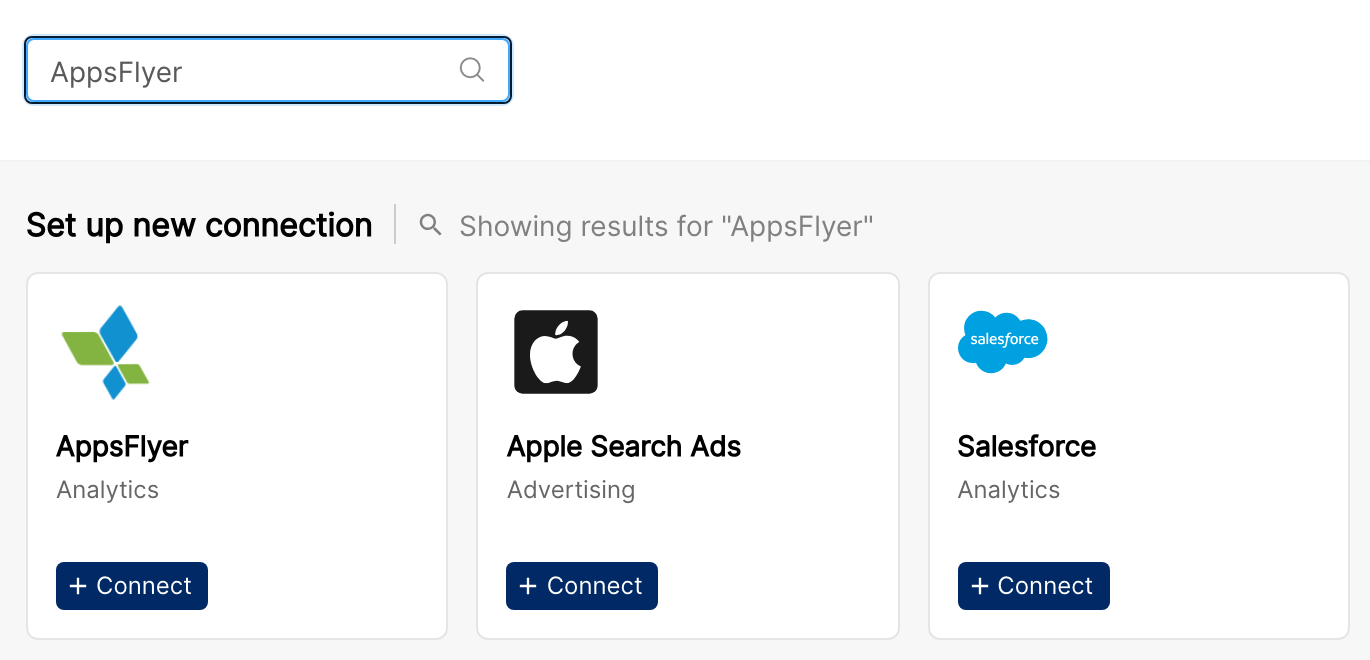 Clarisights Integrations page filtered by AppsFlyer, showing the AppsFlyer tile with the Connect button