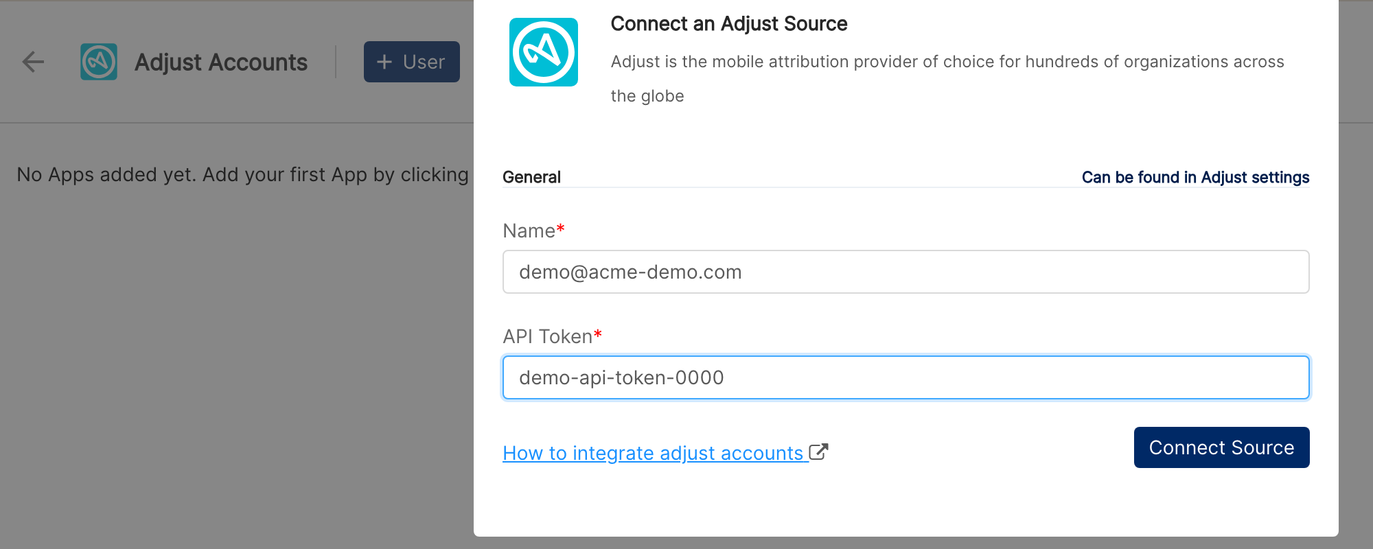 Adjust Accounts page with the Connect an Adjust Source dialog opened from +User, showing Name and API Token fields