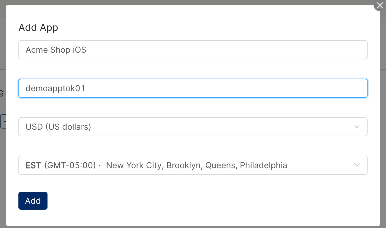 Add App dialog filled with app name, app token, currency USD and a timezone