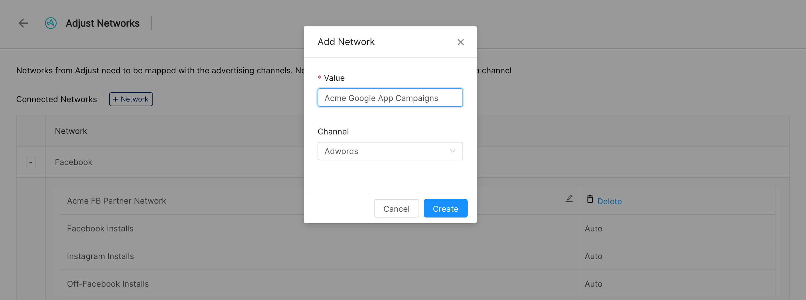 Adjust Networks page listing connected network mappings with the Add Network dialog open