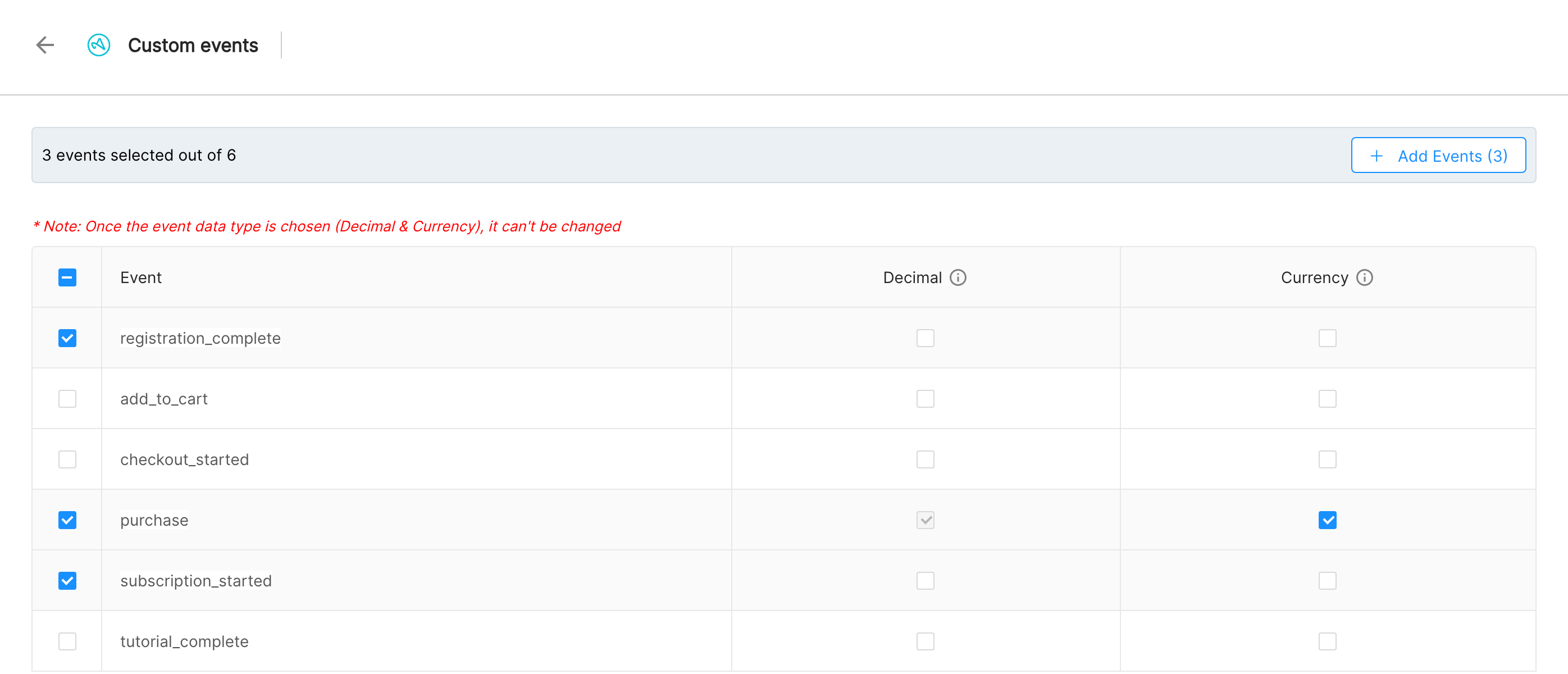 Adjust custom events page with events selected and Decimal and Currency checkboxes, plus the Add Events button