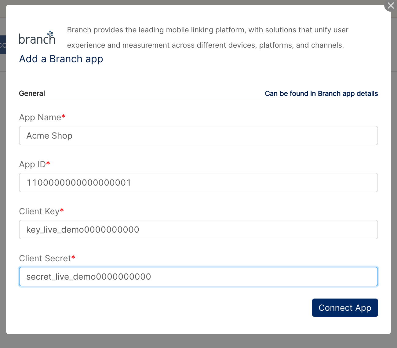 Add a Branch app dialog filled with App Name, App ID, Client Key and Client Secret