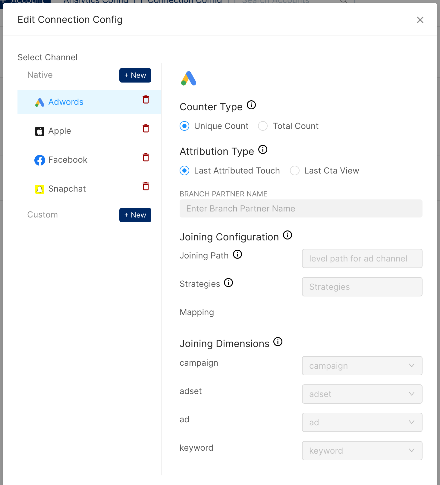 Branch Edit Connection Config dialog with native channels, counter type, attribution type and joining settings