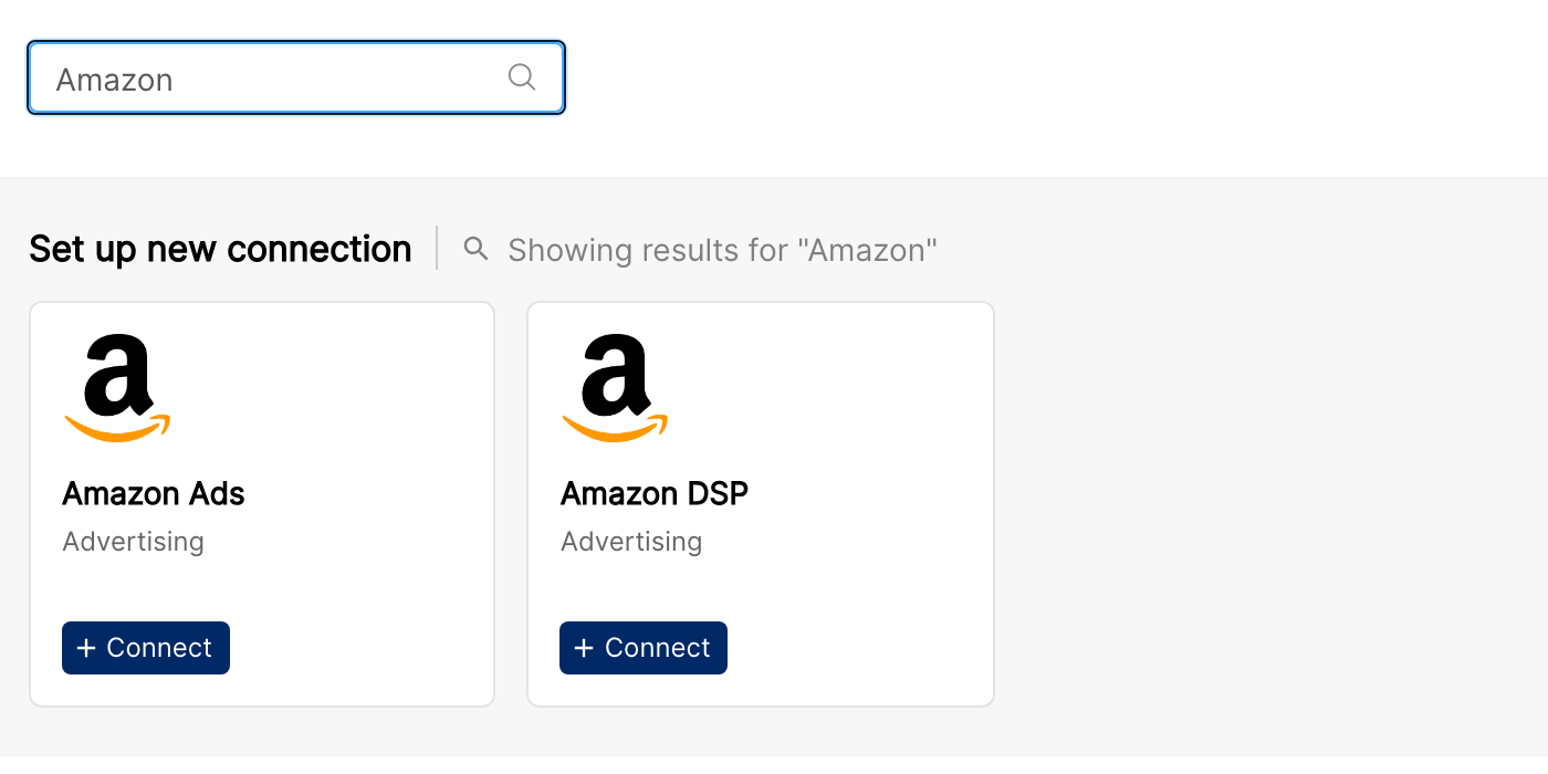 Integrations page search for Amazon showing the Amazon Ads tile with its Connect button