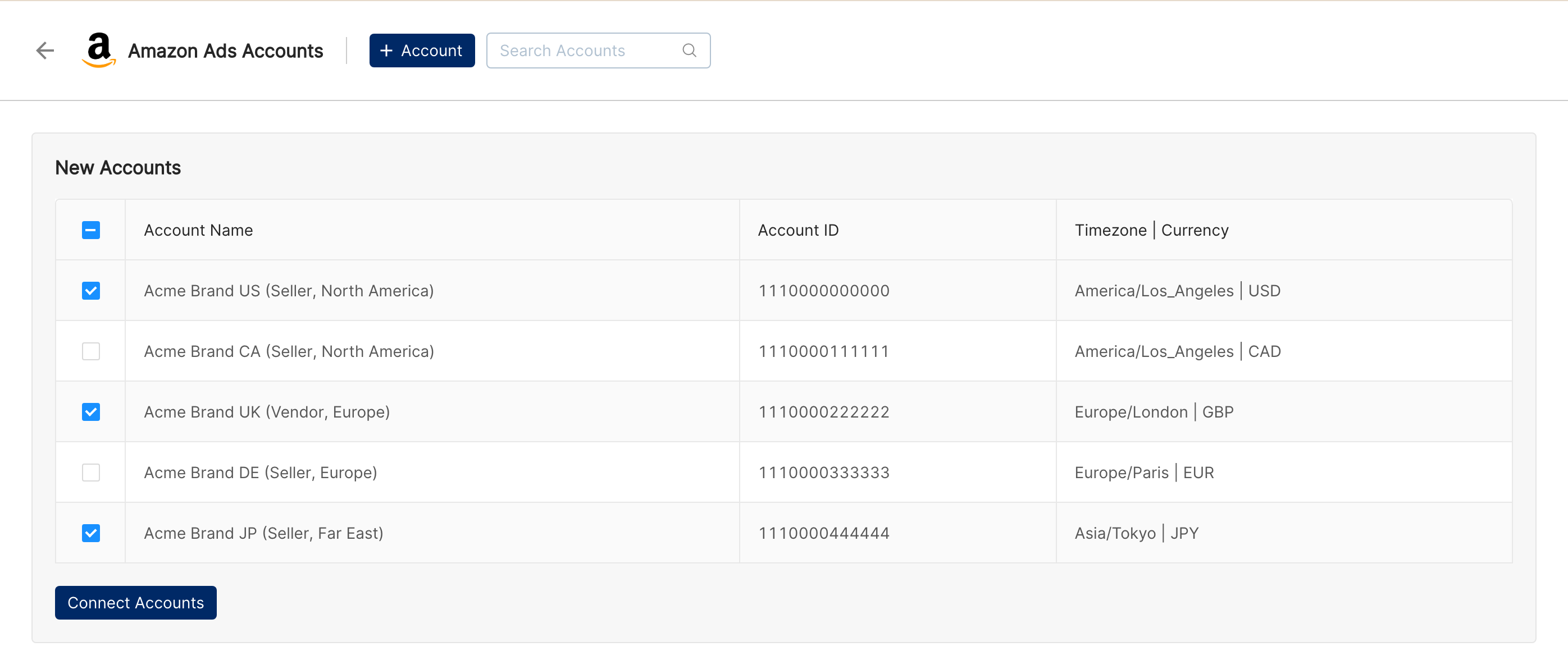 Amazon Ads New Accounts selection list with profiles across North America, Europe and Far East and Connect Accounts button