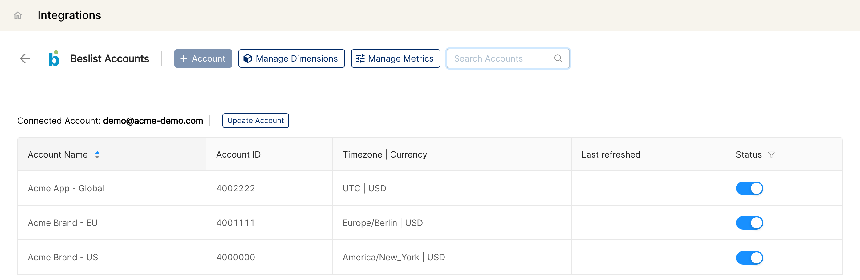 Beslist Accounts page with connected demo accounts and the Account button
