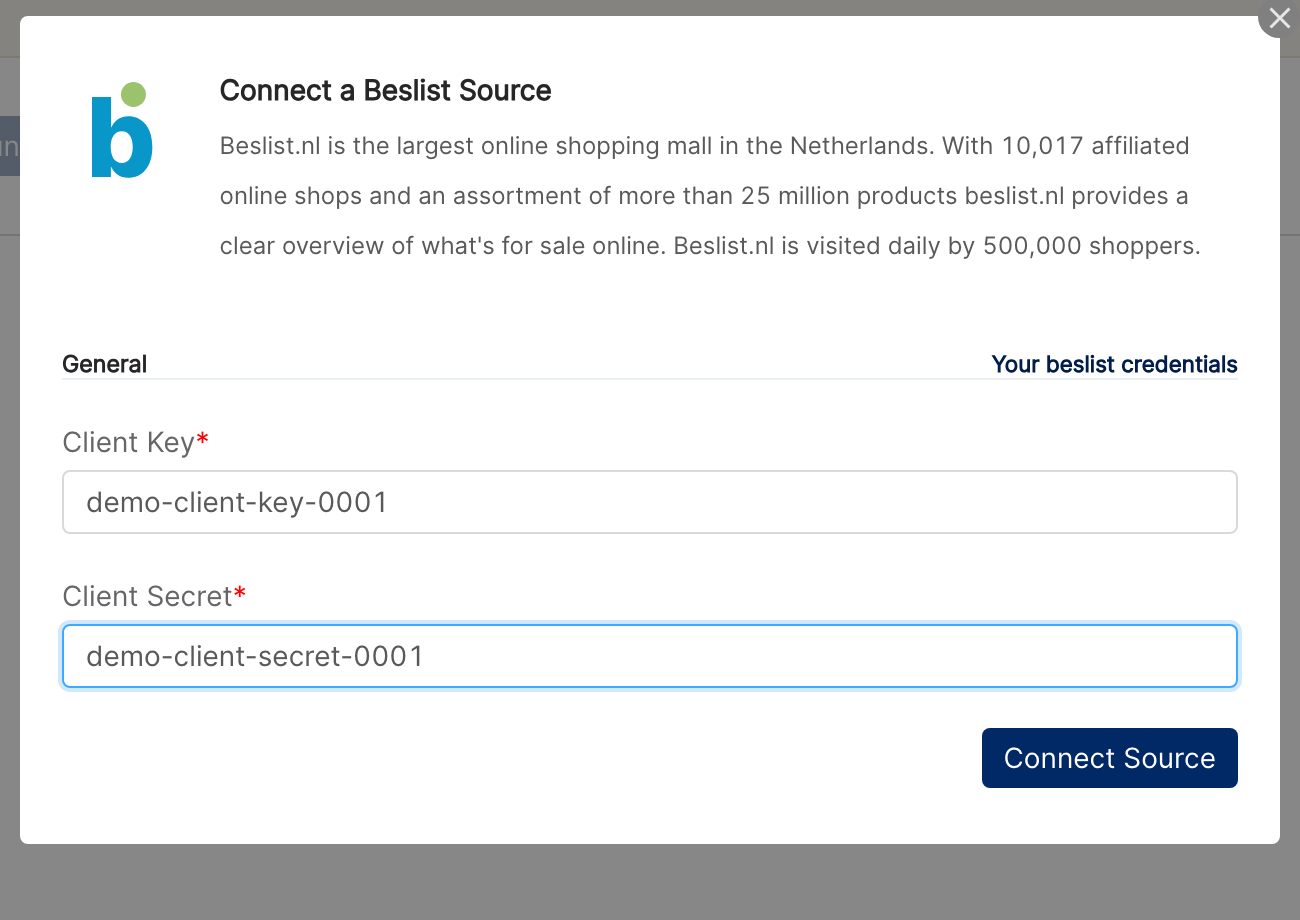 Connect a Beslist Source dialog with Client Key and Client Secret filled