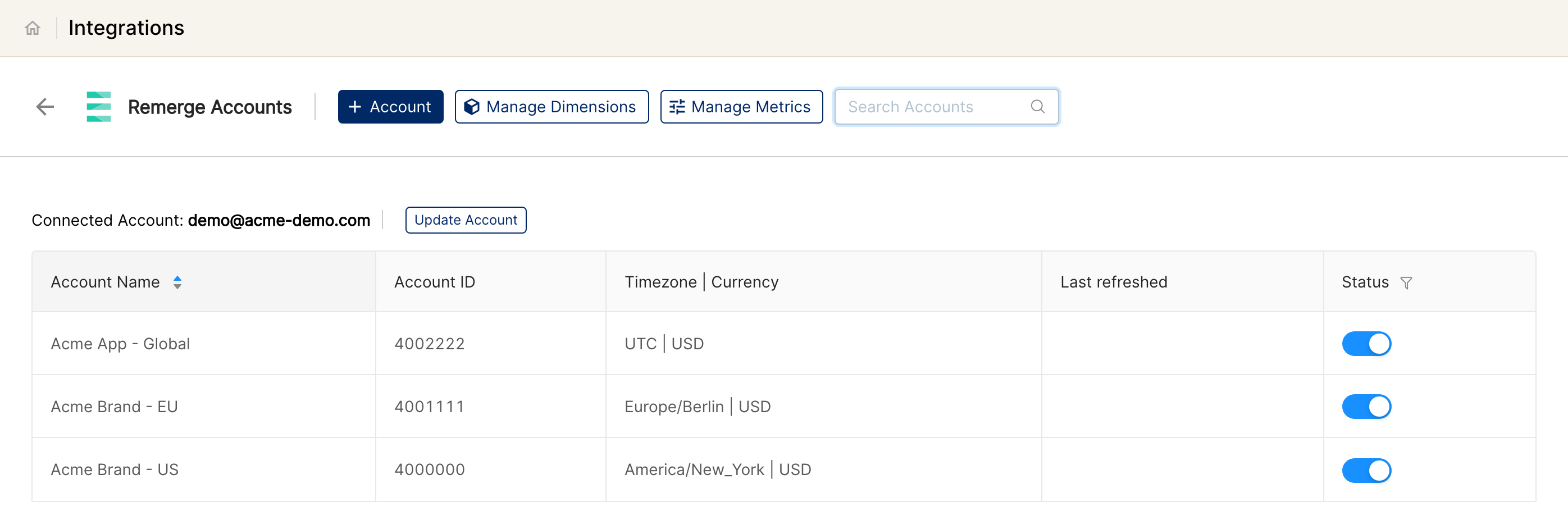Remerge Accounts page with the Account button and connected demo accounts