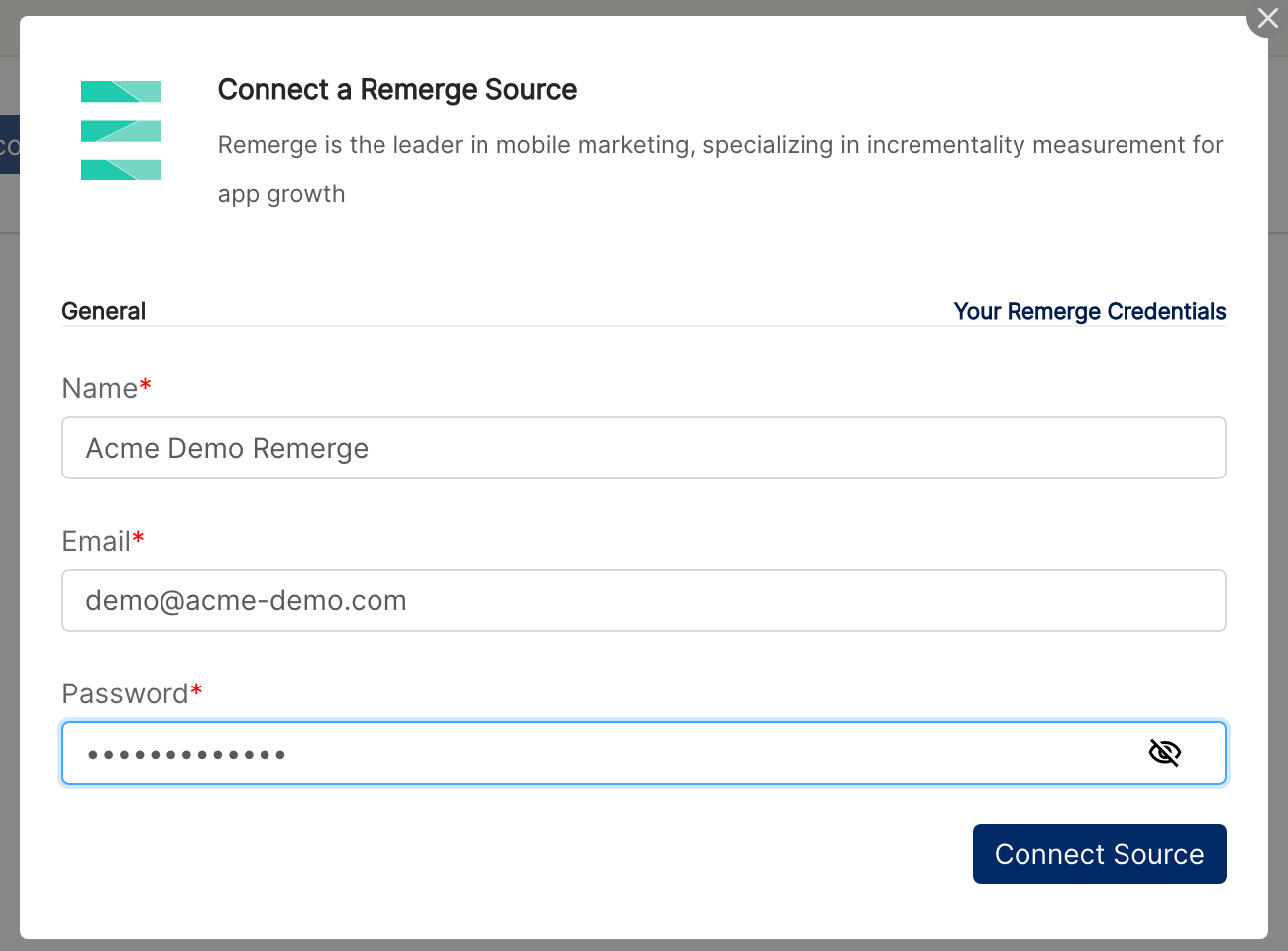 Connect a Remerge Source dialog with Name, Email and masked Password filled