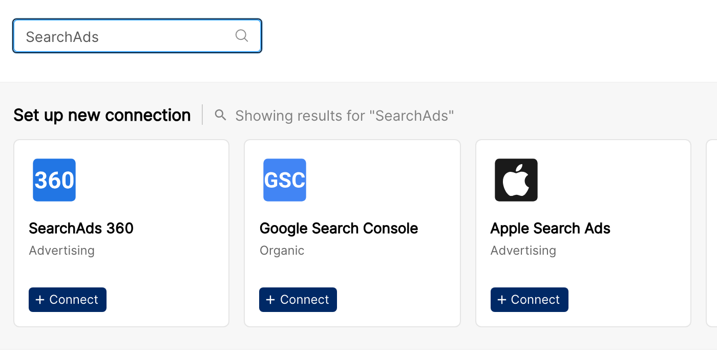 Integrations page search showing the SearchAds 360 tile with its Connect button