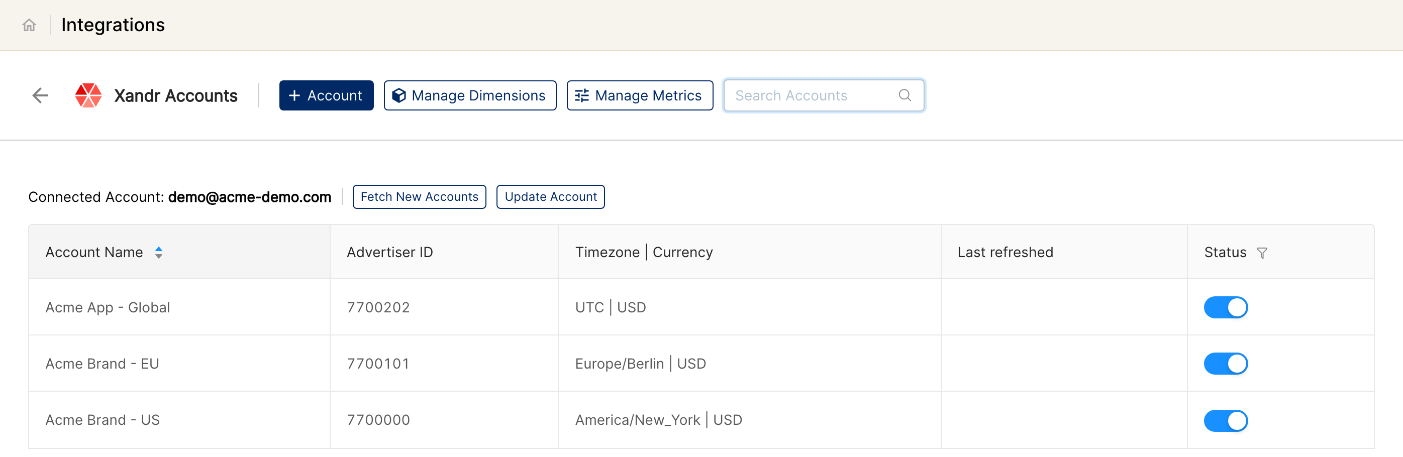 Xandr Accounts page with the Account button and connected demo advertisers
