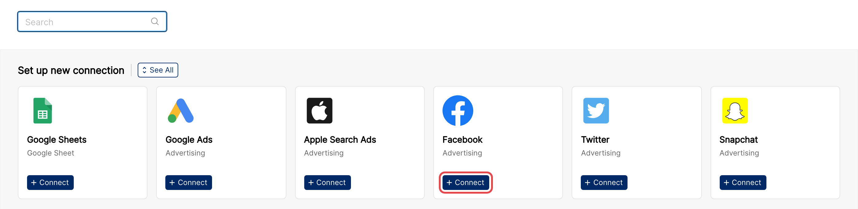 Clarisights Integrations page with the Facebook Connect button highlighted