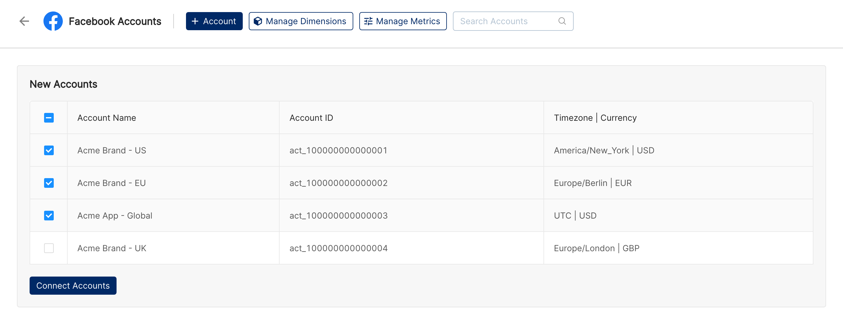 Facebook ad account selection list with demo accounts selected and the Connect Accounts button