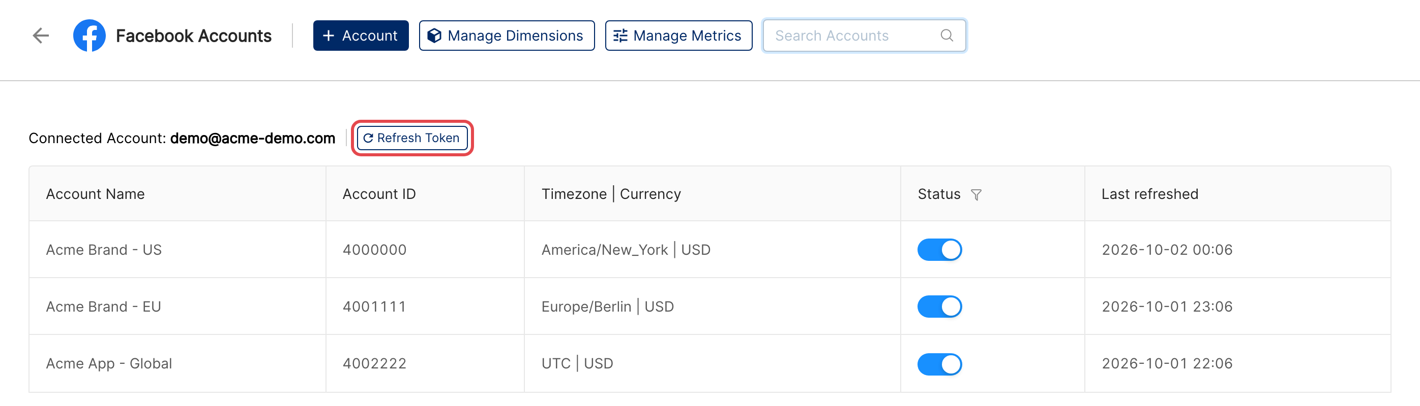 Connected Facebook accounts list with status toggles and the Refresh Token button highlighted