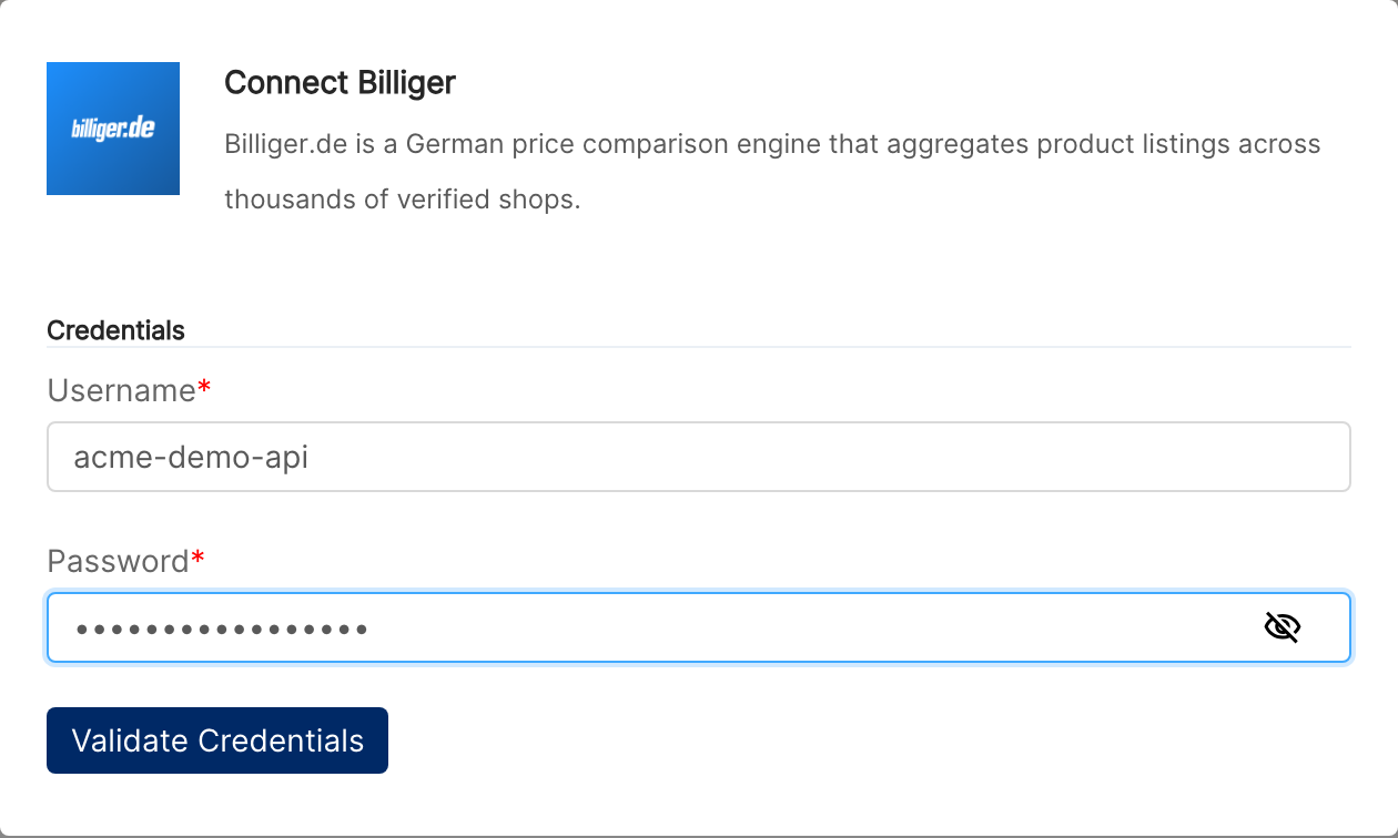 Connect Billiger dialog with Username and Password fields filled with demo values