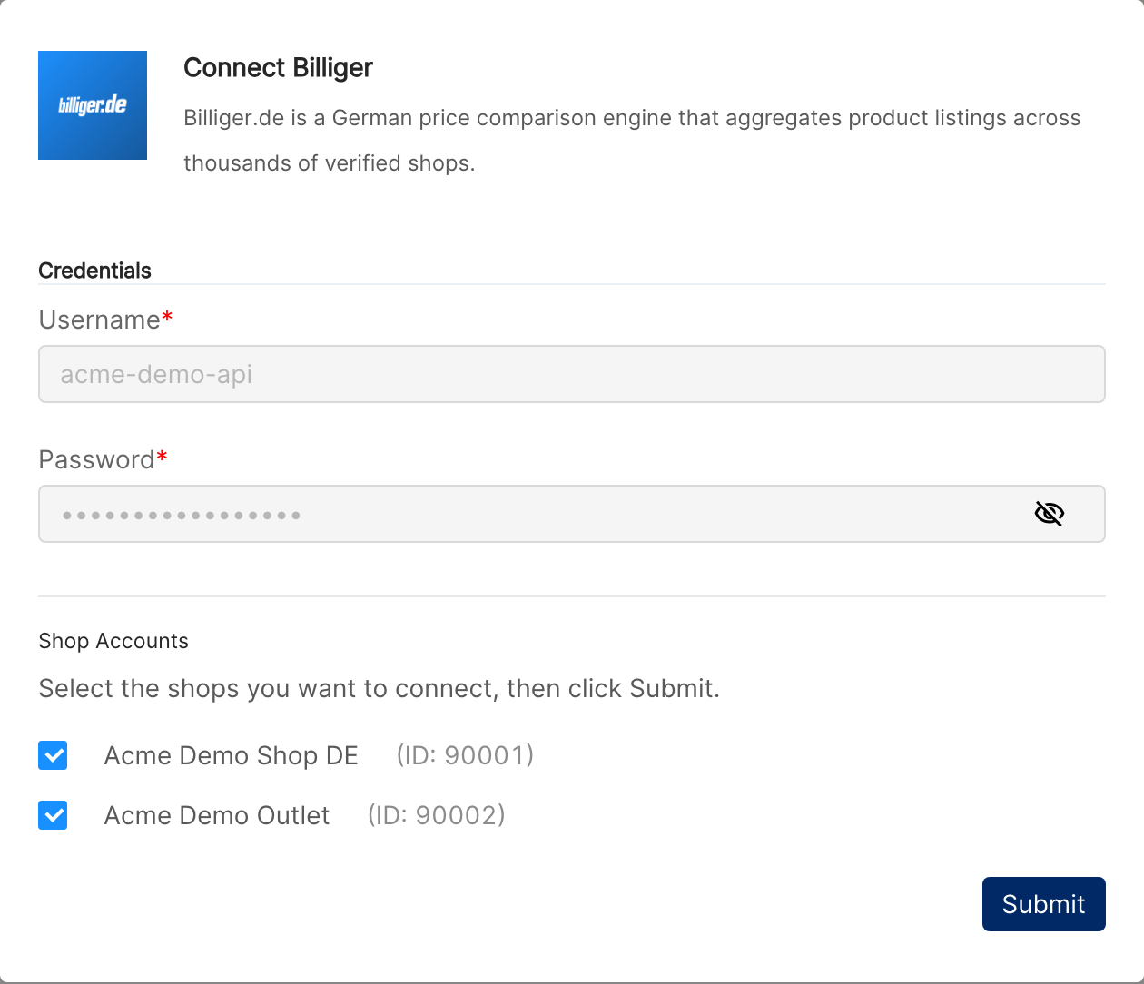 Billiger shop selection step listing demo shops with checkboxes and a Submit button